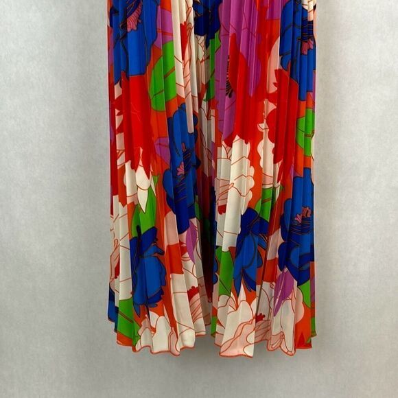 Sam Edelman Pleated Plisse Satin Belted Dress Sz S Multi Water Color Floral Midi - Picture 4 of 8